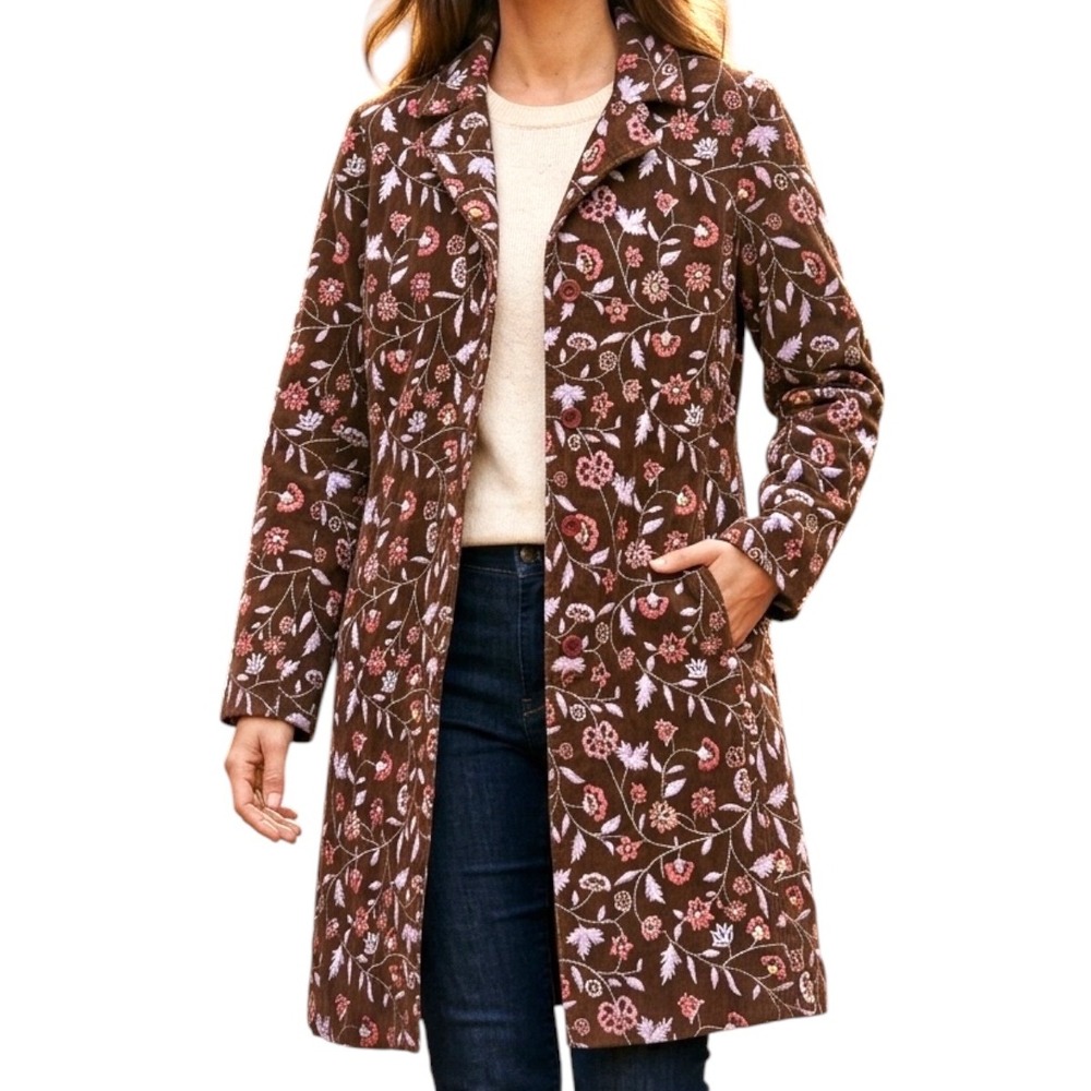 Johnny Was Embroidered Corduroy Long Coat Jacket Brown Floral Boho Whimsigoth S